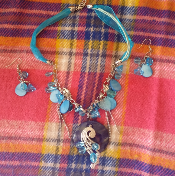 Blue Ribbon Peacock Necklace and Earrings Costume Jewelry Set - Picture 2 of 5